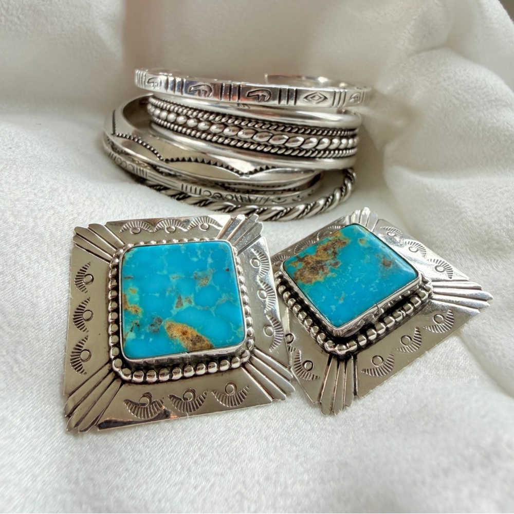 Handmade Western Navajo Style Oversized Sterling Silver Earrings Turquoise Stone